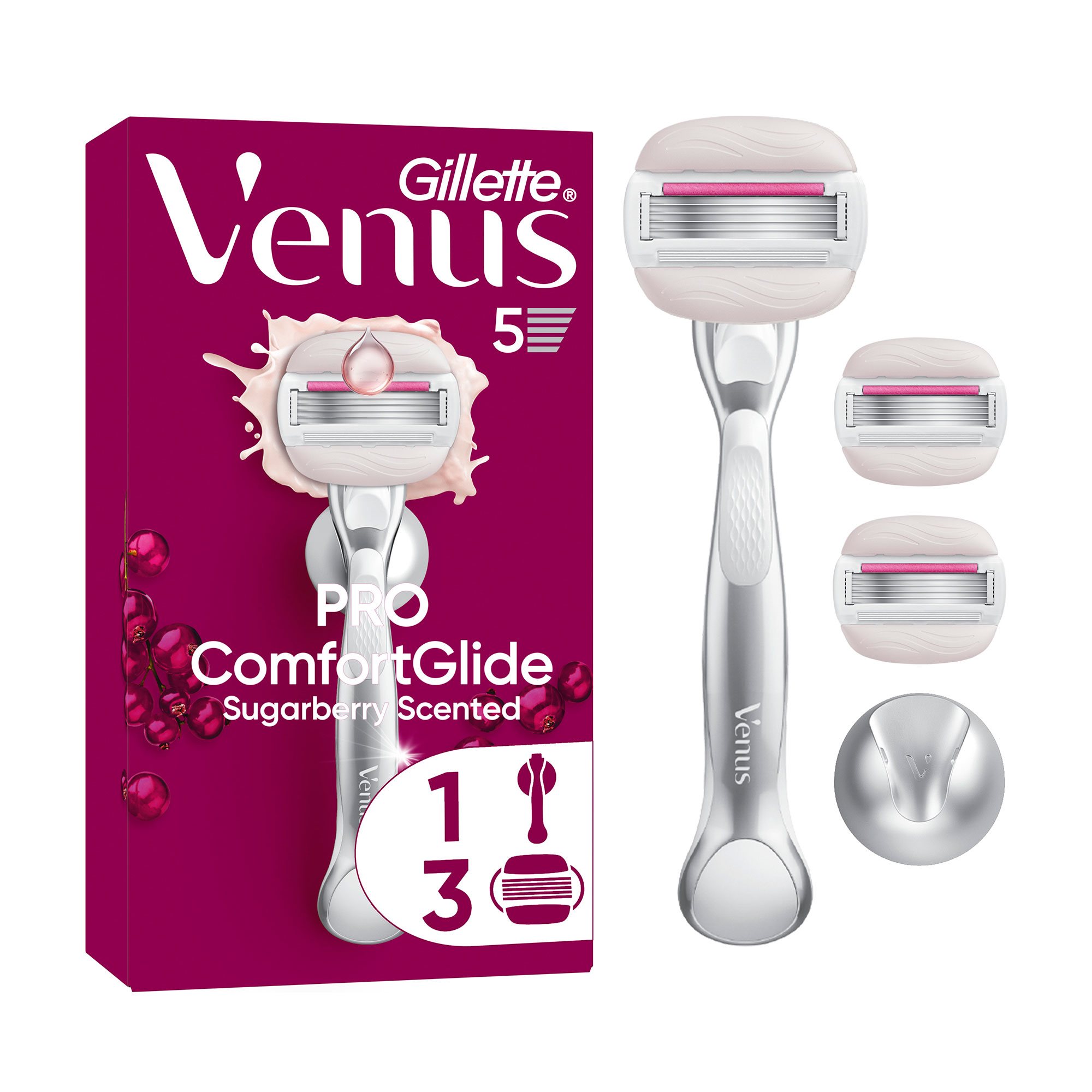 Набір для гоління Gillette Venus Pro Comfort Glide Солодкі ягоди (станок для гоління, 1 шт + картриджі лез, 3 шт + настінний тримач, 1 шт)